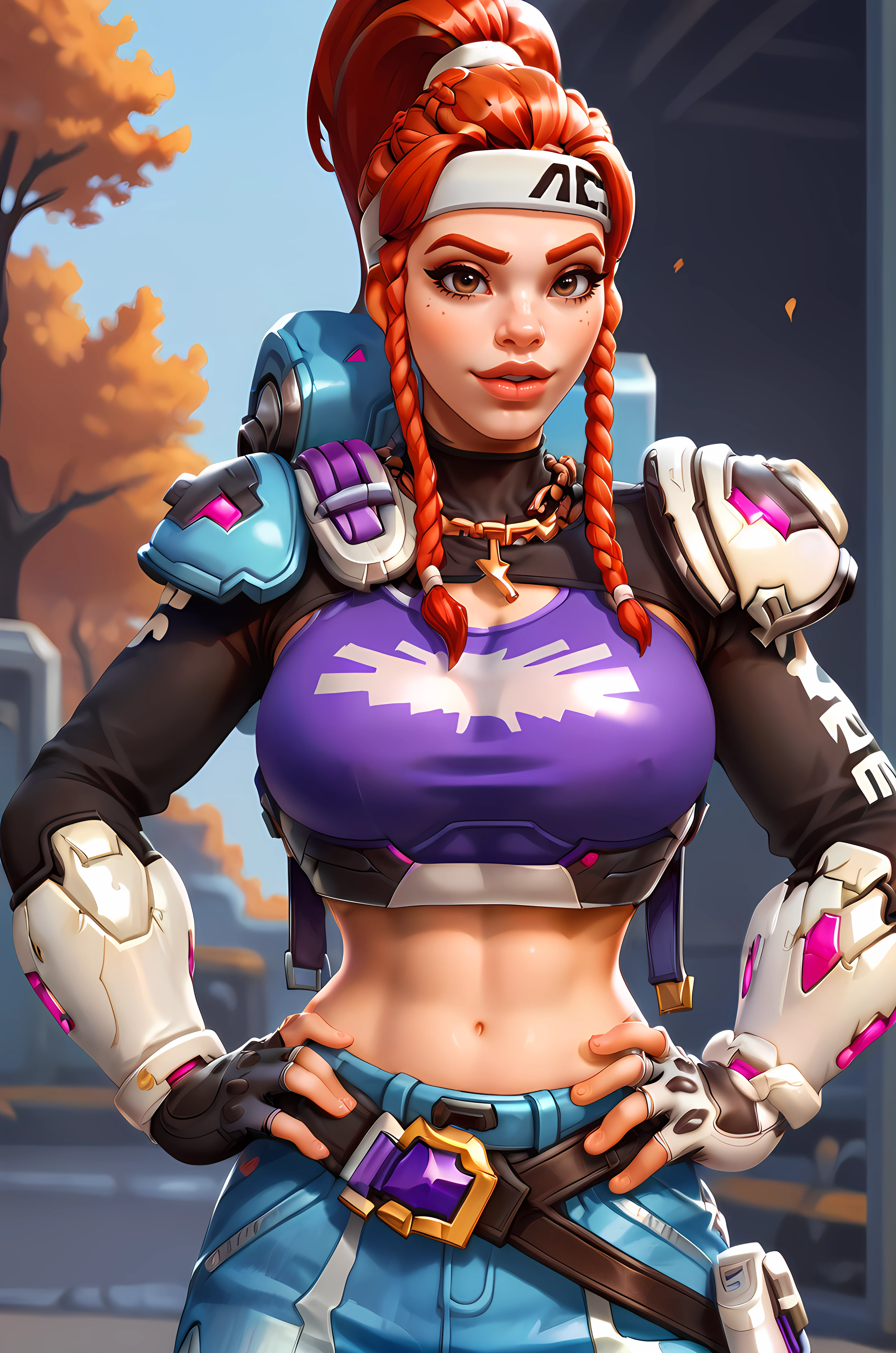 score_9, score_8_up, score_7_up, score_6_up, score_5_up, score_4_up, source_anime, BREAK (Masterpiece, Best Quality, Highly Detailed, Cowboy Shot, Detailed Background, Beautiful , Beautiful Face, Perfect Face, Perfect Eyes, Clear Eyes, Beautiful Nose, Perfect Nose (Relaxed, Candid, Natural Pose)), BREAK,  <lora:Overwatch - Le Sserafim - Brigitte_epoch_10:0.8> le sserafim brigitte, overwatch brigitte, red hair, high ponytail, braided bangs, brown eyes, white headband, purple crop top, black long-sleeved undershirt, belt, blue utility pants, knee pads, fingerless gloves, armor, hands on ,