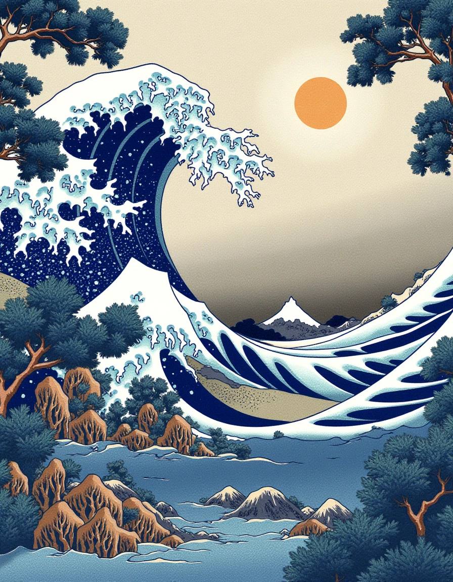 Ukiyo-e style by Hokusai, virtual reality landscape where digital and natural elements blend seamlessly, in the immersive and imaginative style