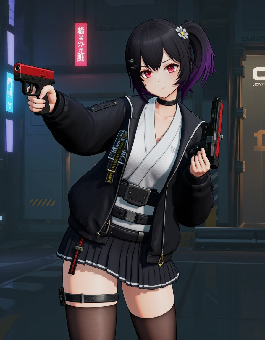 <lora:GF2style-flux:1> gf2style
one petite girl with black hair and purple colored inner hair and glowing dark red eyes, her hair style is medium hair with a big ahoge and side ponytail with a silver flower shape hair ornament on it, she is pointing a gun at viewer, she is holding a gun with two hands, she is wearing a black open jacket with miniskirt and a white japanese kimono inside with a choker on her neck, showing her cleavage and large breasts, single black thighhigh on her right leg and a thigh strap on her left leg and she is wearing a black and red sneakers, in a cyberpunk city with colorful lighting,