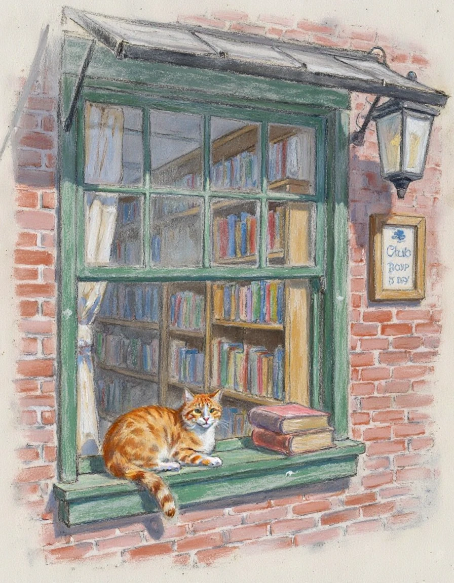 pastel drawing of a cozy bookshop on a rainy day, with a cat curled up on a window seat and shelves filled with old books