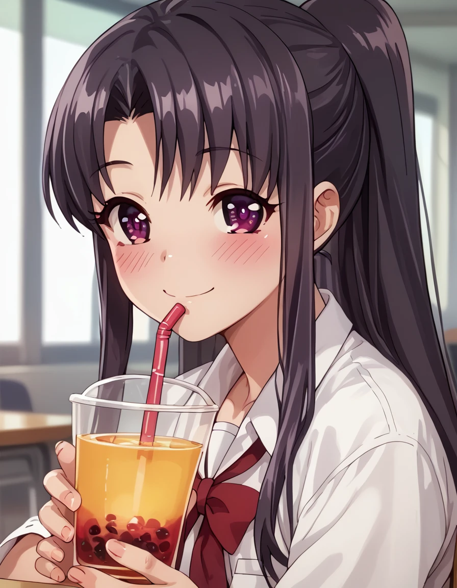 Natsuki, long hair, black hair, purple eyes, ponytail, school uniform, score_9, score_8_up, score_7_up, score_6_up, score_5_up, score_4_up, source_anime   <lora:HaremCamp:1>, smile, sitting, drinking tea,