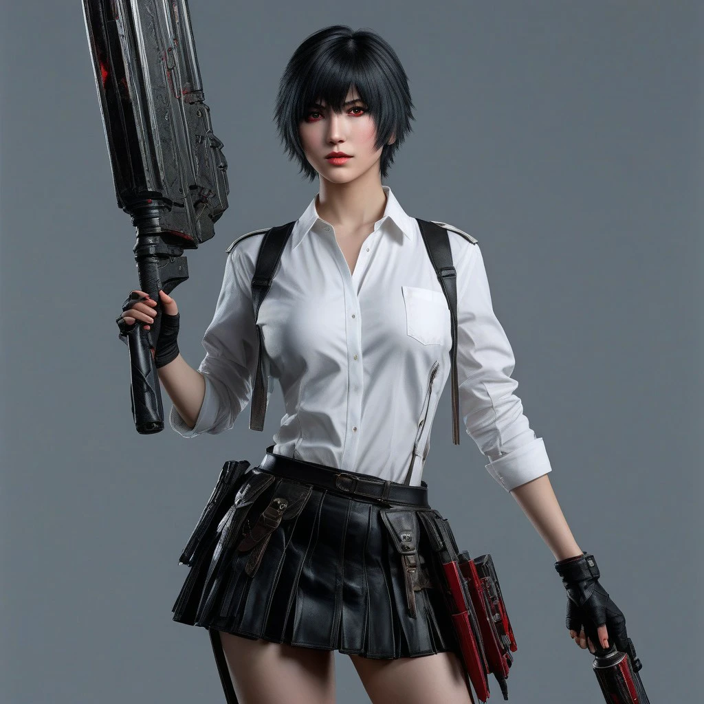 ultra hyper detailed full body of Lady from Devil May Cry 5 video game with short black hair in a mini skirt, wearing a white school shirt and boots holding a giant weapon, ultra hyper detailed face features showing one green eye and one red eye, Heterochromia condition, full-cosplay, professional cosplay, Lady character from video game,anime cosplay, holding a giant weapon, Lady huge weapon from video game,fullbody wide shot, cinematic volumetric lighting, ultra hyper realistic image shot with Sony Fx6