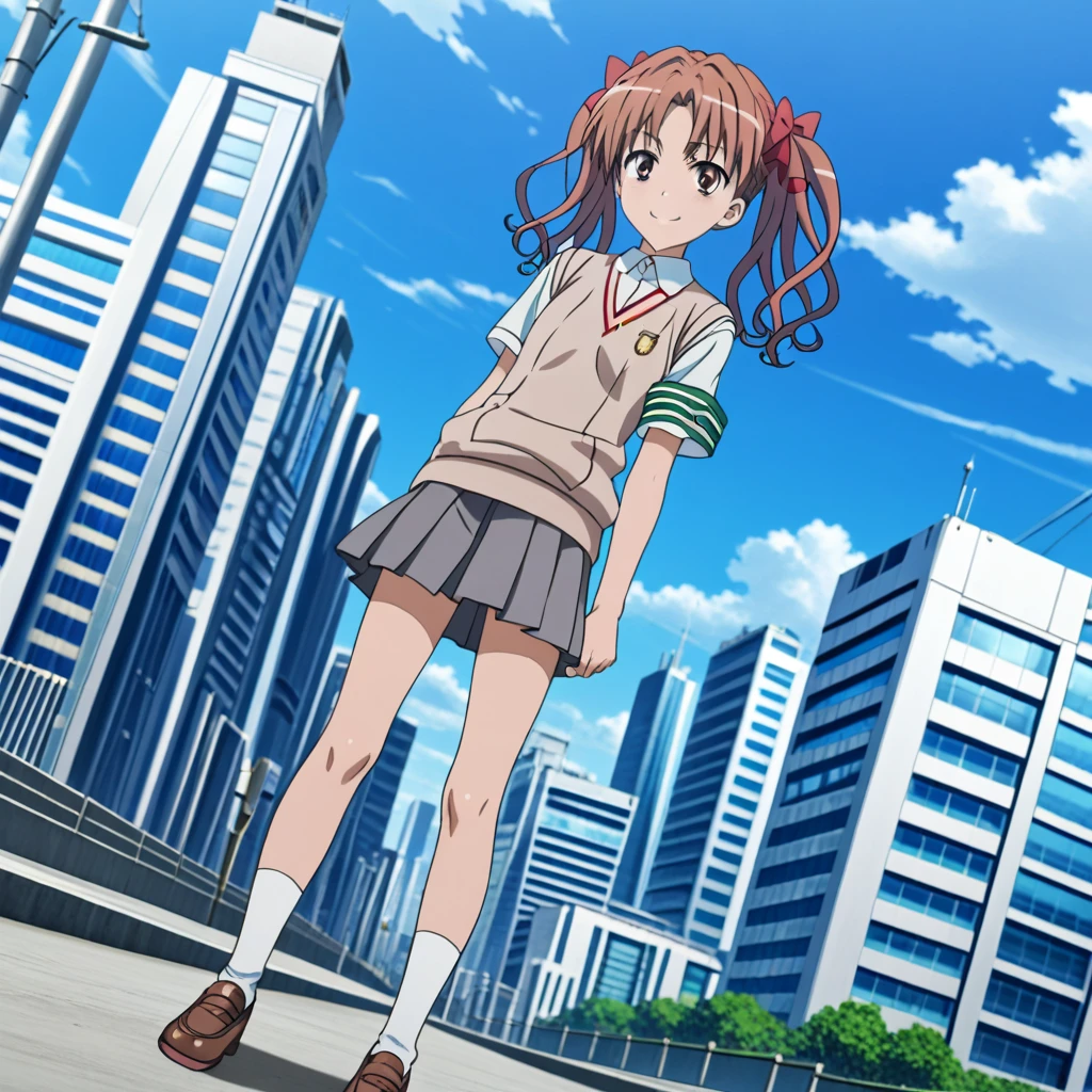 cityscape,outdoors,standing,smile,
slender, 1girl, dutch_angle, dynamic lighting,detailed_background,
highres,official_art, very_aesthetic,depth_of_field,caustics, natural_lighting,
<lora:add-detail-xl:1.5> shirai_kuroko, hair_ribbon, tokiwadai_school_uniform, short_sleeves, sweater_vest, brown_footwear, short_socks, armband, 
 <lora:Toaru_Kuroko_v10:1>