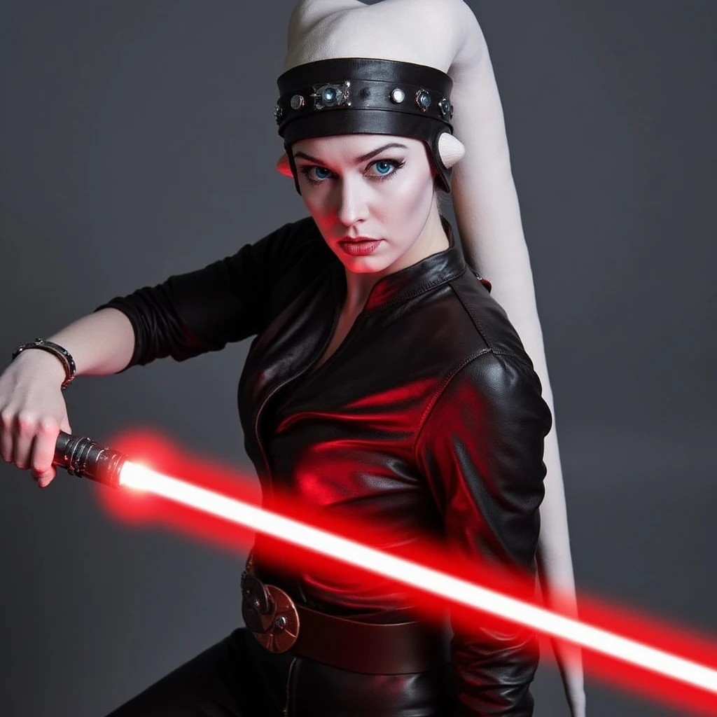 blue eyed Twi'lek girl with White skin holding a red lightsaber, Twi'lek Sith Lord in battle stance