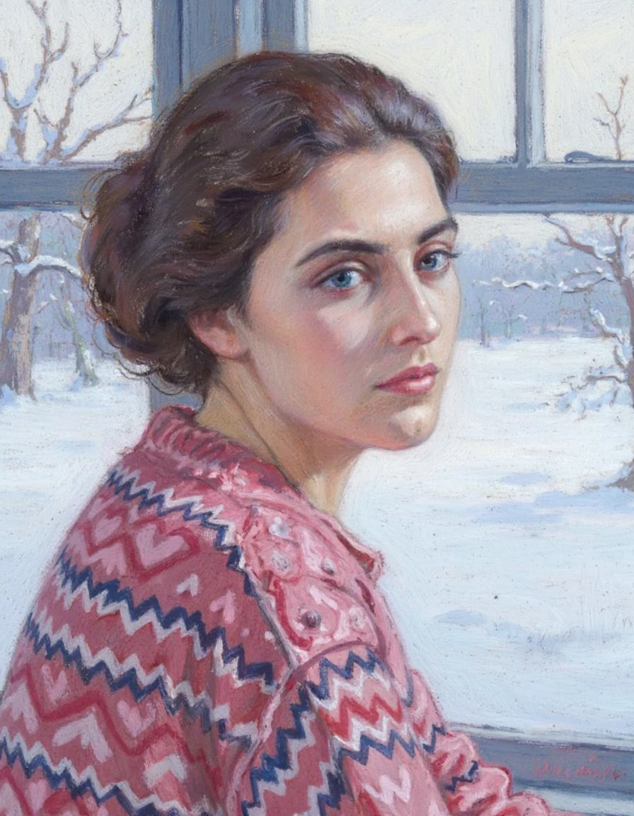 pastel drawing closeup portrait of a beautiful model in a hand-knitted sweater seated in front of a bright window looking out over a snowy winterscape