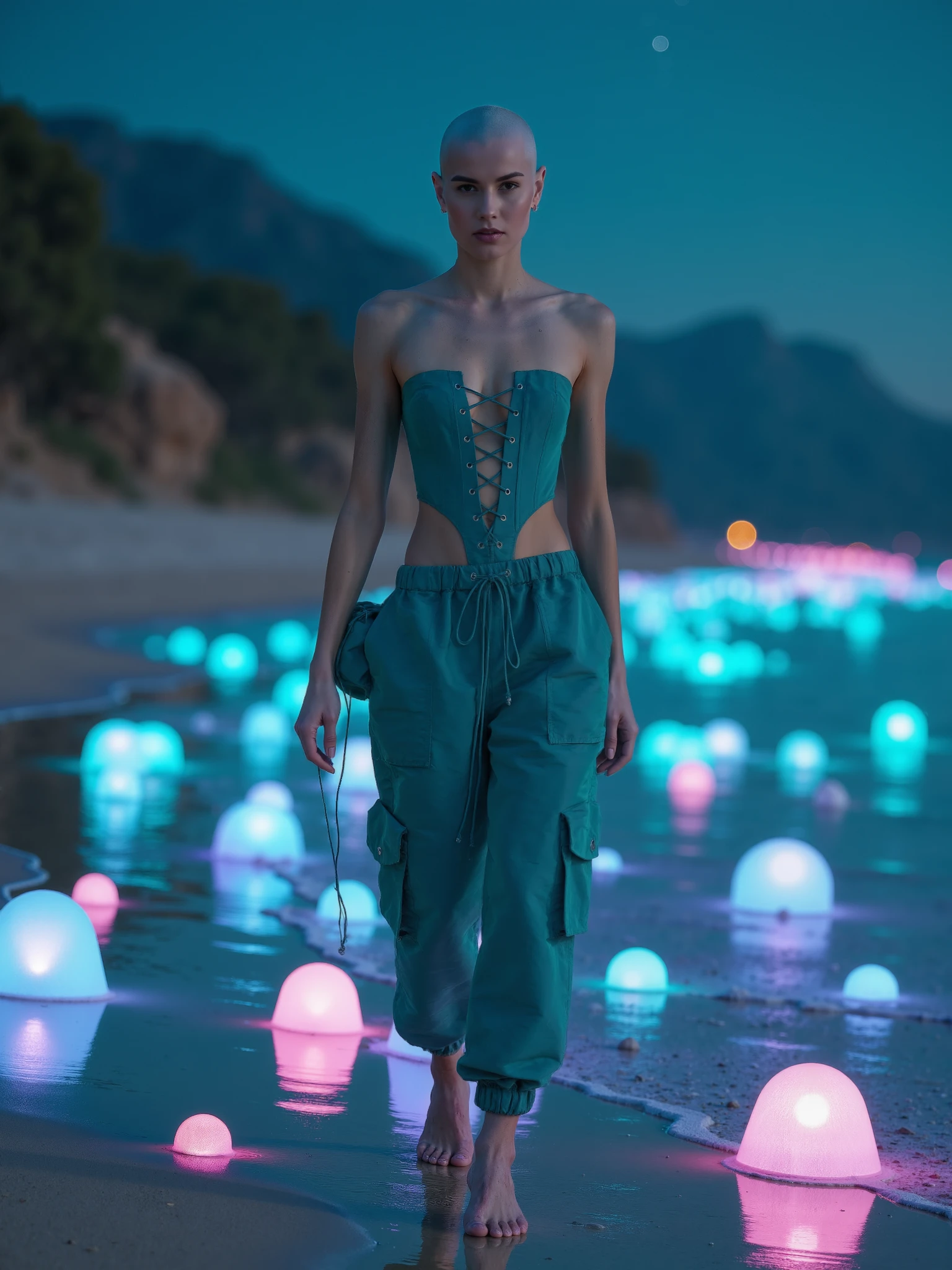 LaQuan,a dynamic fashion editorial image featuring an albino model with a bald head, her skin dusted with a soft layer of white chalk powder that gives her an ethereal, almost otherworldly appearance. The model is dressed in a LaQuan teal outfit featuring a lace-up corset top with rivet detailing along the edges, paired with matching cargo pants that have a relaxed fit and multiple pockets. The pants are cinched at the waist with a drawstring and taper at the ankles, combining modern fashion with a utilitarian edge.

The model is captured in a dynamic, full-body pose, as if mid-stride or in motion, her body language exuding strength and confidence. Her movement causes the fabric of the outfit to flow slightly, creating a sense of energy and fluidity in the shot.

She stands against a stunning, surreal background of a tranquil beach at night, where the shoreline is covered in glowing, multicolored stones that illuminate the scene with a magical, iridescent light. The dark water reflects the vibrant colors of the stones, creating a vivid contrast against the night sky, which is filled with stars and the faint glow of the Milky Way.

The teal outfit contrasts beautifully with the vibrant, glowing stones and the deep tones of the night sky, while the model's powdered skin softly reflects the ambient light. The dynamic pose adds a sense of motion and life to the scene, making it appear as though the model is interacting with the otherworldly environment around her. The overall image should evoke a sense of wonder and energy, blending the model’s unique, ethereal beauty with the magical, surreal environment to create a captivating and dreamlike visual narrative.