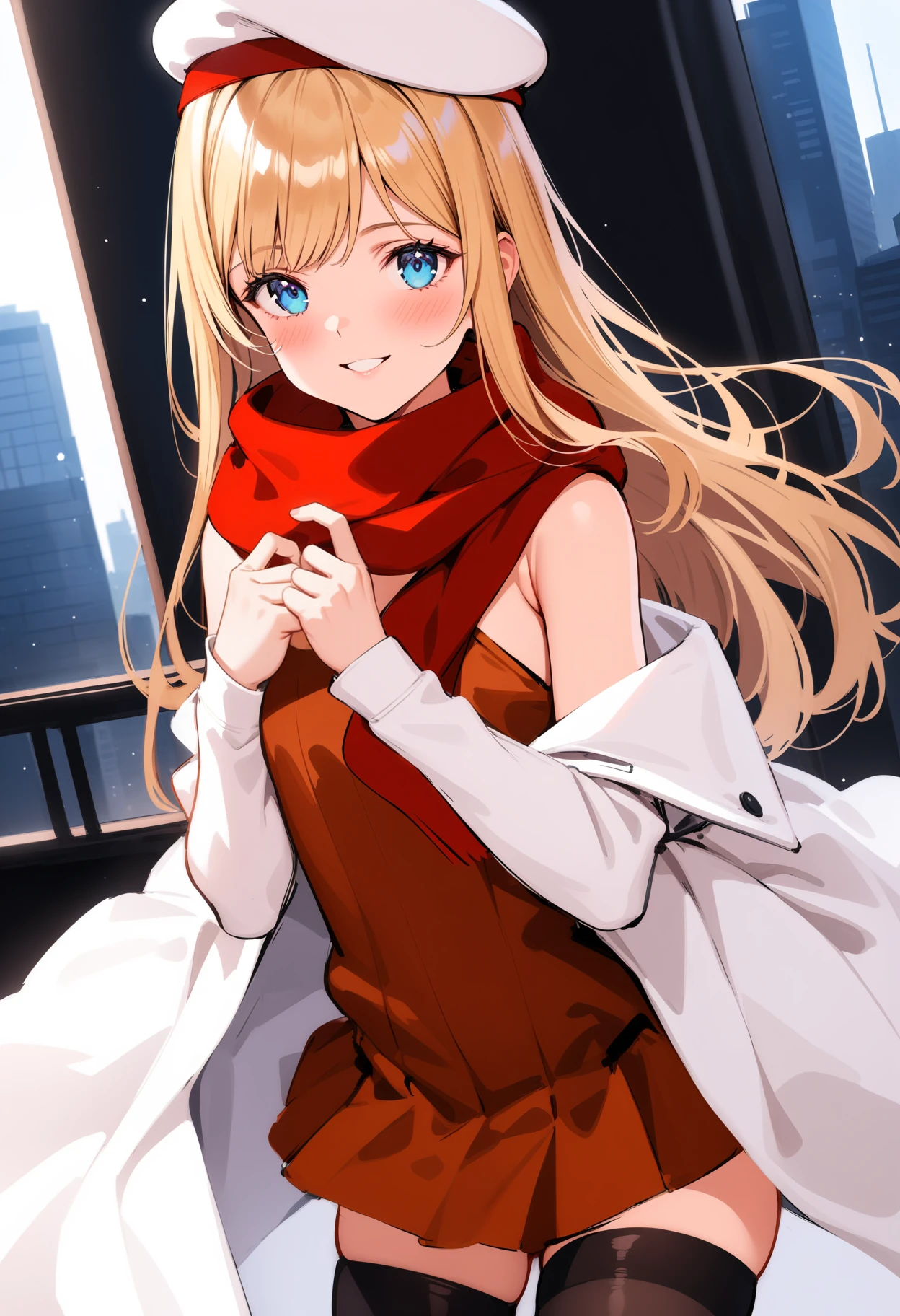 masterpiece,best quality,very aesthetic,absurdres,intricate details,1girl,
<lora:ema_v1:1>,ema,blue eyes,blonde hair,long hair,black thighhighs,looking at viewer,parted lips,bare shoulders,
city,Skyscraper,<lora:Fixhands_anime_bdsqlsz_V1:1>,blush,smile,simple background,hat,white background,scarf,sketch,coat,profile,red scarf,winter clothes,, masterpiece,best quality, very aesthetic, absurdres, ultra detailed, high resolution, 4k, extremely detailed CG,