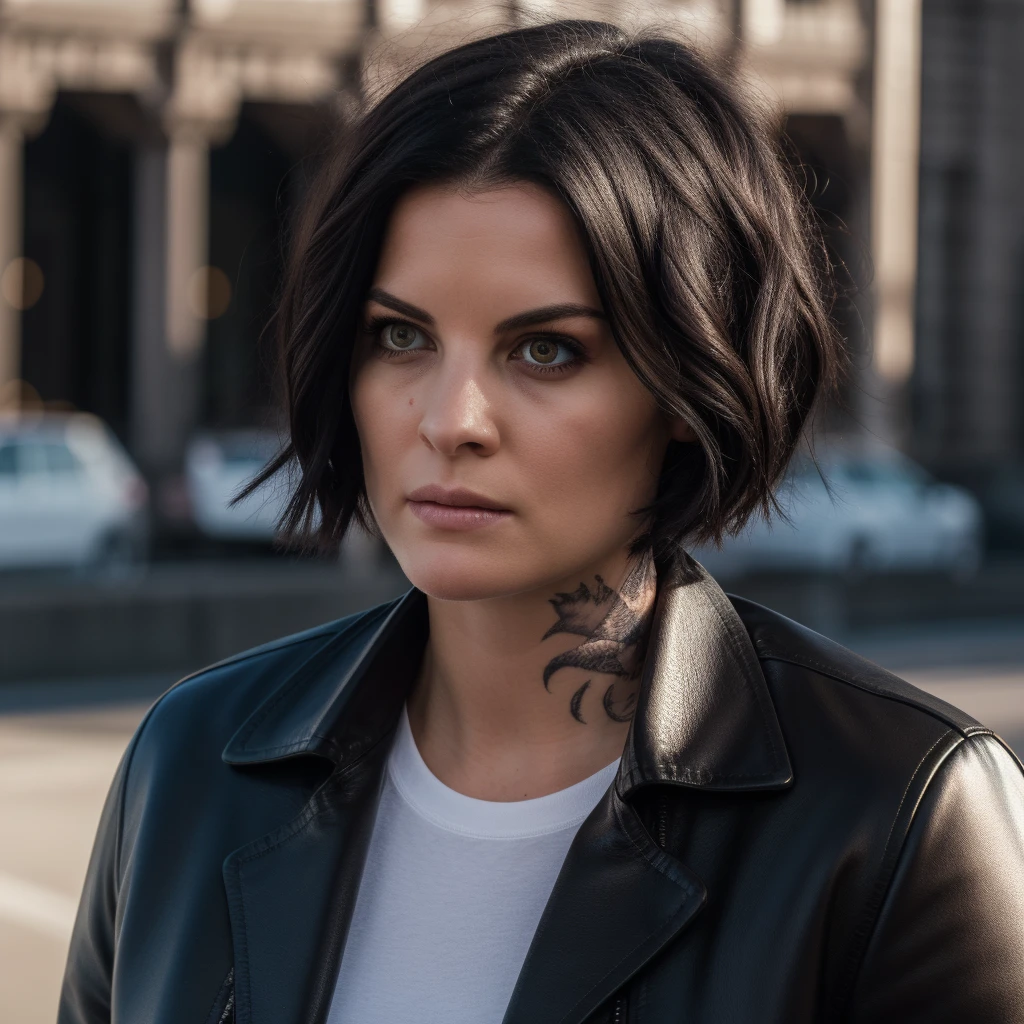 Best_QualityPos, RAW photo, intricate details, best quality, 8k hdr, soft lighting, 1girl, solo, blindjane, black hair, short hair, brown eyes, black leather jacket, long sleeves, white shirt, tattoo, expressionless <lora:Jane_Doe:0.7>