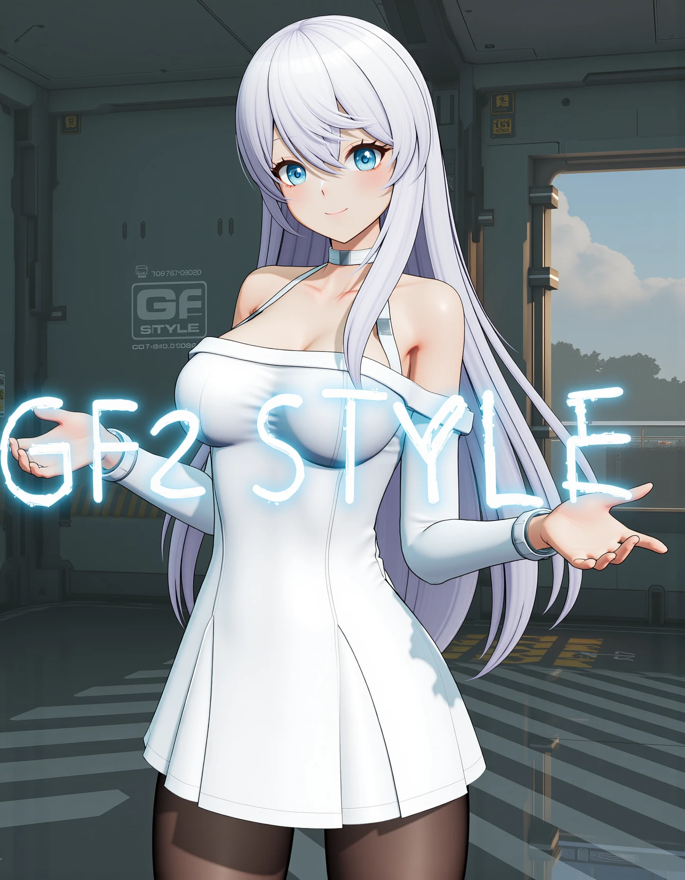 gf2style <lora:GF2style-000008:1>
one long silver long hair girl has blue eyes,  she is presenting some electricty words "GF2 STYLE" by two hands, 
she is wearing black pantyhose,  she is smiling to viewer, blush on face, she is wearing white dress and off shoulder, viewer can clearly see her cleavage,