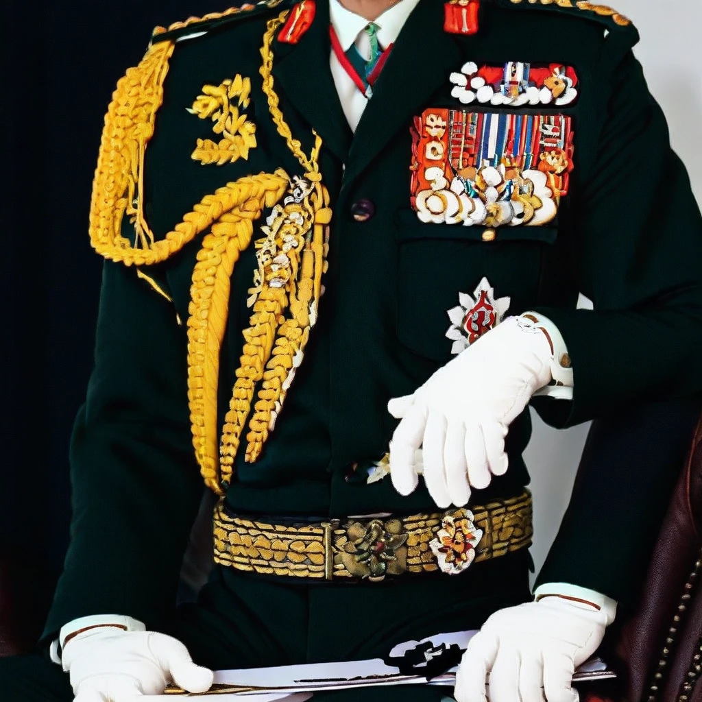 military, solo, pants, badge, black pants, gloves, head out of frame, medal, belt, 1boy,Army general uniform
