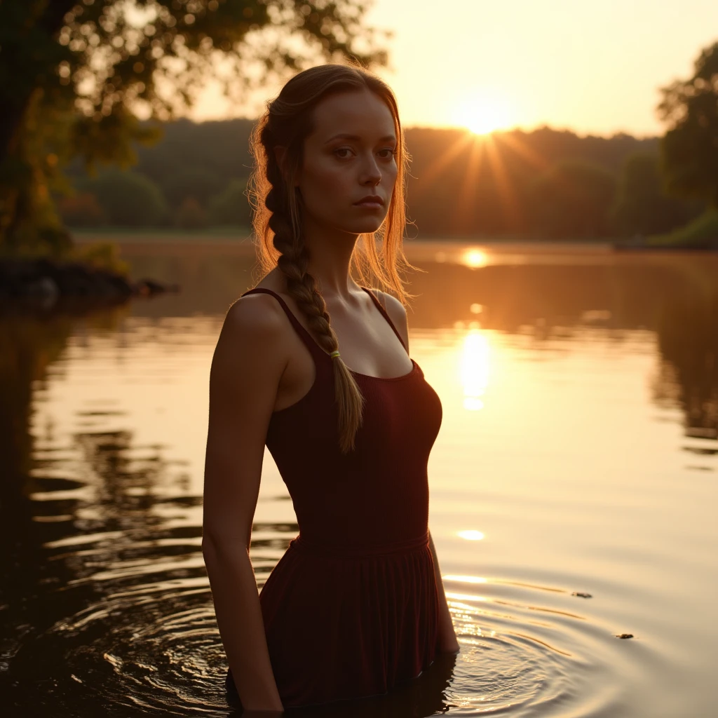 photorealistic shot of Summer Glau with long hair, tied in a braid, stands in the calm waters of a lake at sunset. She is dressed in a high-neck dress, with the water gently rippling around her legs. The scene captures the golden light of the setting sun reflecting on the water, creating a peaceful and serene atmosphere. The surrounding trees and the soft glow of the sun add to the tranquil mood of the image.