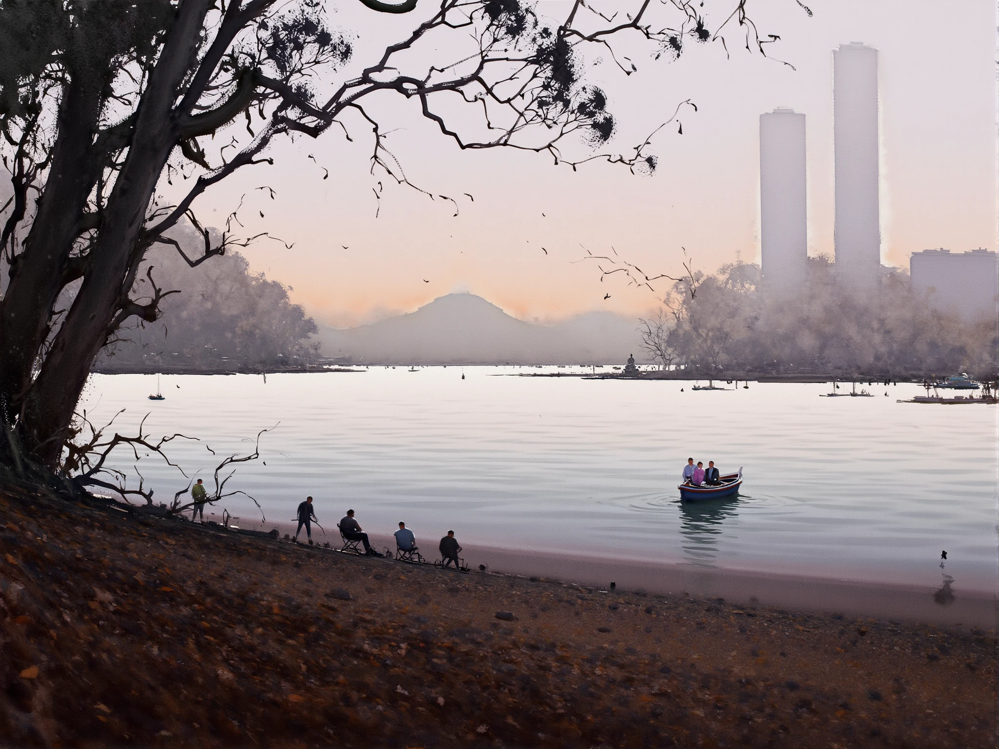 a serene lakeside landscape in late autumn. The scene is composed from a viewpoint at the water’s edge, where the foreground is dominated by fallen leaves and a few scattered branches. To the left, a large tree with dark, bare branches extends into the frame, its silhouette adding depth to the composition. In the middle ground, the lake stretches across the image, its calm surface reflecting the cloudy sky, with the water gently rippling as a small boat glides across it. In the boat, a couple—a young man and woman—are seen rowing slowly, their figures creating a focal point in the center of the composition. On the shore to the right, a few fishermen sit quietly, their lines cast into the water, surrounded by the golden and bare trees that line the lakeshore. The distant background reveals the silhouettes of towering skyscrapers, their forms softened by the early evening mist, which contrasts with the natural surroundings, suggesting the proximity of urban life to this tranquil scene. The overall atmosphere is cold yet cozy, with the soft light of the early sunset casting a warm glow over the autumnal colors, creating a sense of peacefulness and solitude.