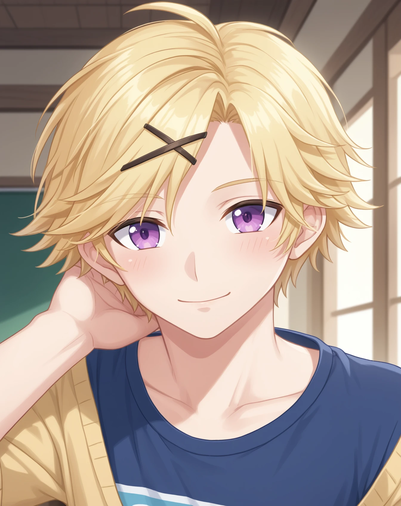 score_9, score_8_up, score_7_up, source_anime, anime screencap, depth of field, rating_safe, BREAK,
1boy, solo, yaoi, male focus,
looking at viewer, cowboy shot, facing viewer,
<lora:yoosung_kim_pony:1> yoosung_kim_pony, blonde hair, purple eyes, short hair,
indoors,