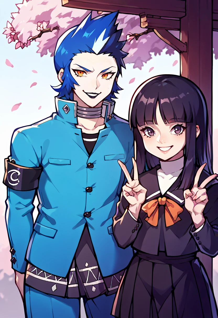 score_9, score_8_up, score_7_up, source_anime, 1boy, 1girl, looking at viewer, outdoors, cherry blossoms, standing, BREAK 1boy, <lora:Eikichi-pdxl_Fp:1>, eikichi, short hair, orange eyes, blue hair, white hair, multicolored hair, pale skin, black lips, choker, school uniform, blue jacket, black shirt, blue pants, armband, smile, male focus, BREAK  <lora:zs_MiyabiXL:1>, miyabip2, black hair, long hair, blunt bangs, black school uniform, turtleneck, ribbon, black skirt, smile, v