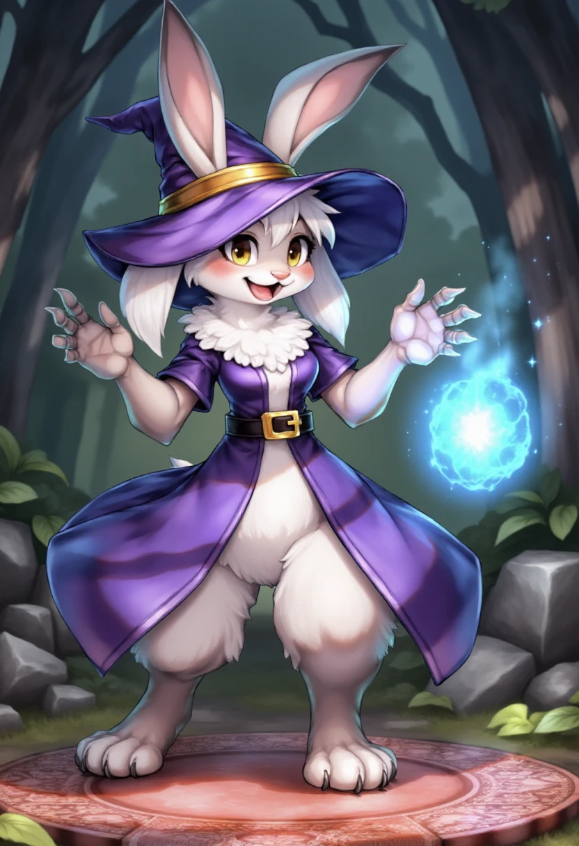 vanillaware, a furry anthro bunny  girl mage with white fur and rabbit paws for hands, wearing a wizard hat, casting a magic spell.  