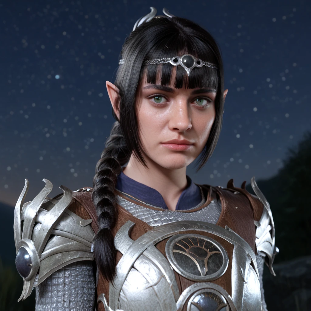 score_9_up, score_8_up, BREAK, 1girl, solo, ShadowHeart, black hair, blunt bangs, braided ponytail, green eyes, pointy ears, armor, shoulder armor, pauldrons, upper body,  <lora:ShadowHeart_BG3_PXL_Leaf1:0.8>, night sky, moolight, light particles,  realistic,