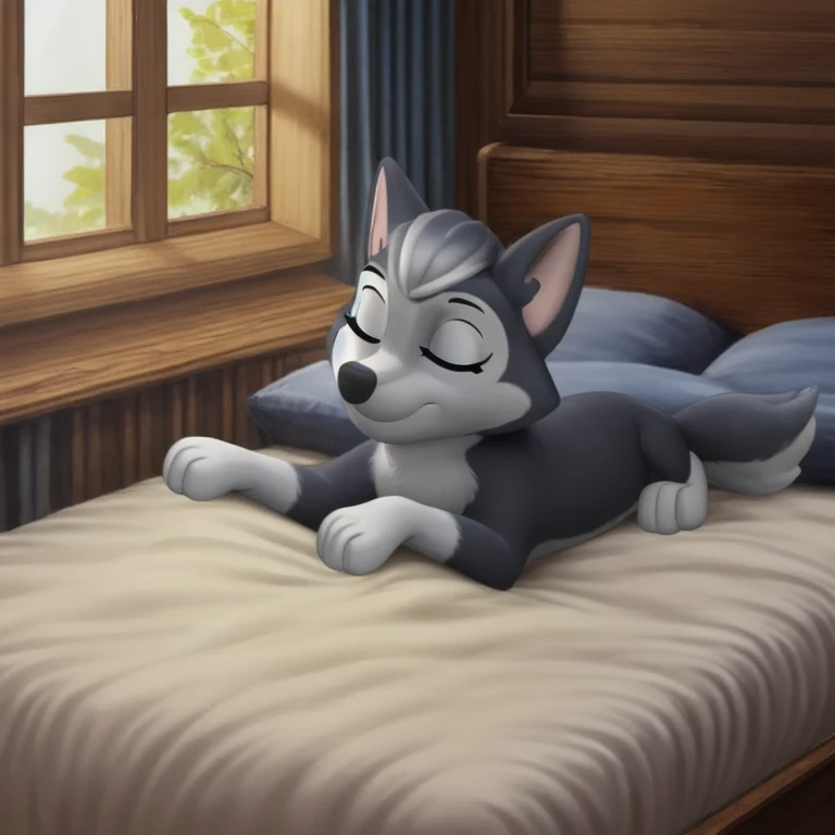 gasket, paw patrol, husky, black fur, female, feral, ((solo)), lying, sleeping, eyes closed, realistic fur, anatomically correct, detailed, detailed background, ((in room, on bed)), best quality, masterpiece, eyes correct, detailed eyes, detailed pupil,
<lora:Paw_Patrol_Gasket:0.8>