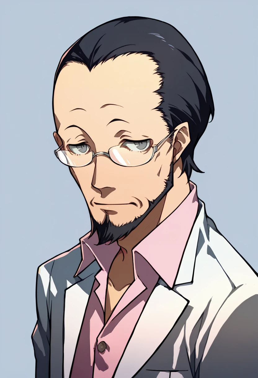 score_9, score_8_up, score_7_up, source_anime, BREAK, solo, 1boy,  <lora:Sojiro-pdxl_Fp:1>, sojiro, short hair, black hair, beard, grey eyes, glasses, collared shirt, pink shirt, white suit, white pants, <lora:P4-Portraits-pdxl_Fp:1>, simple background, portrait,