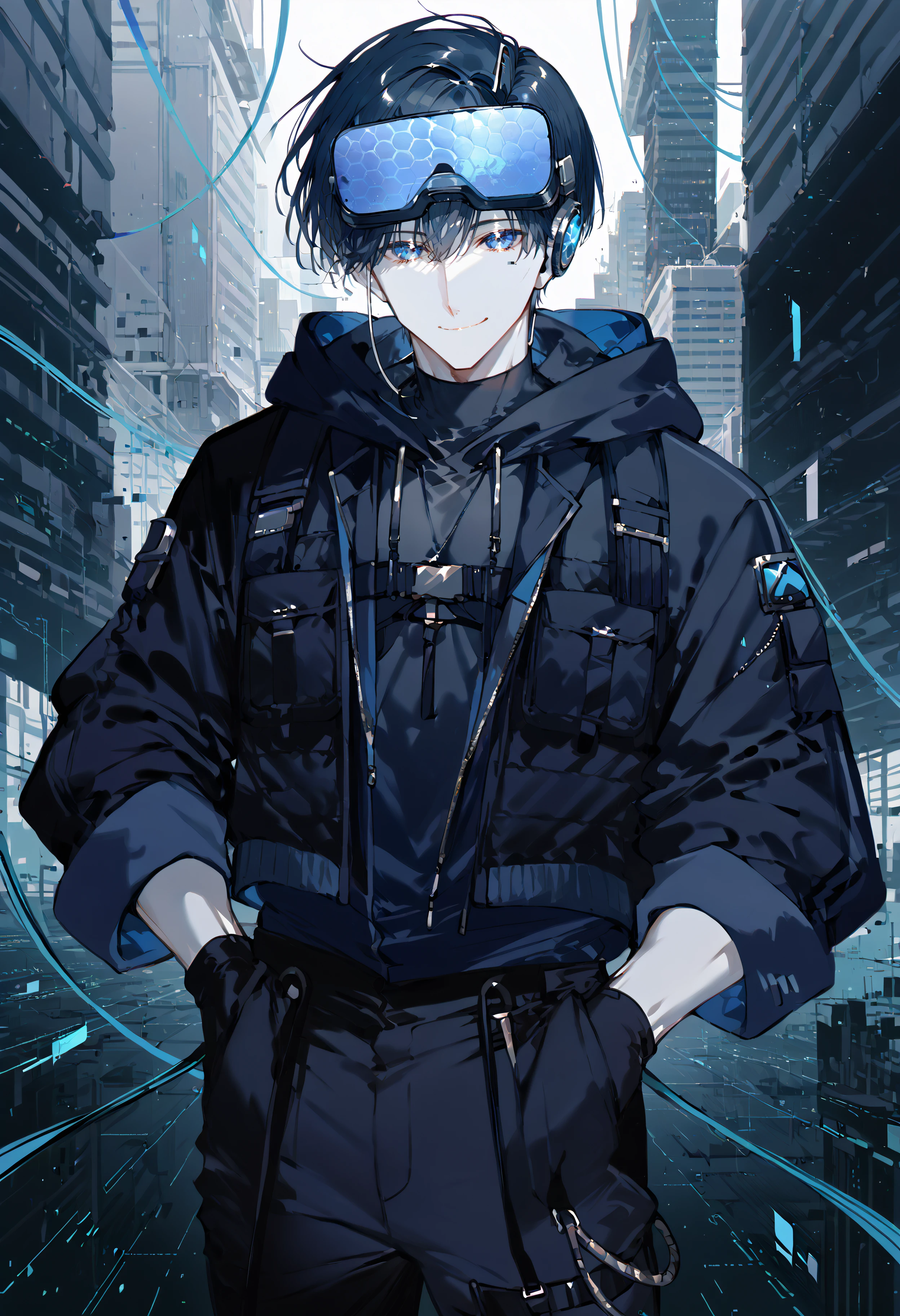 score_9, score_8_up, score_7_up, best quality, source_anime BREAK, 1boy, male focus, black gloves, head-mounted display, blue eyes, black jacket, hand in pocket, hood down, drawstring, black pants, looking at viewer, smile, headphones, black hoodie, short hair, black hair, cowboy shot, long sleeves, cable, open clothes, closed mouth, hand up, glitch, open jacket, <lora:jNwFwFCQmXr3Wt1:1>