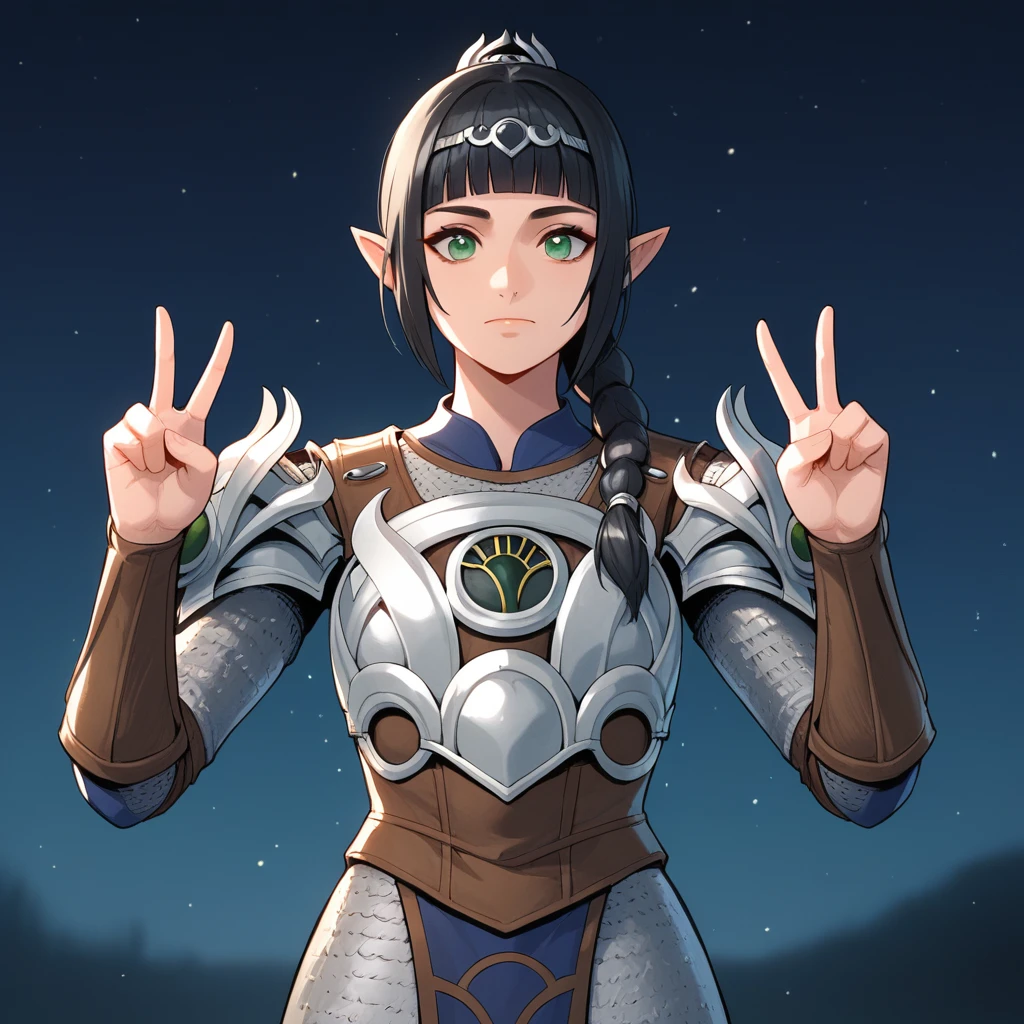 score_9_up, score_8_up, BREAK, 1girl, solo, ShadowHeart, black hair, blunt bangs, braided ponytail, green eyes, pointy ears, armor, shoulder armor, pauldrons, cowboy shot,  <lora:ShadowHeart_BG3_PXL_Leaf1:0.8>, night sky, moolight, light particles, double v,