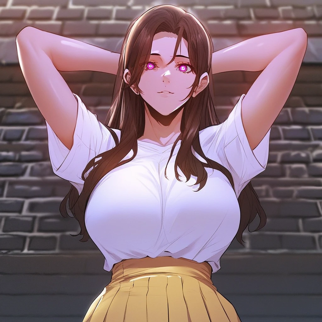 score_9, score_8_up, score_7_up, ASCII masterpiece, source_anime, BREAK, 1girl, solo, (( <lora:bin-na:1> , bin-na, thin waist, wide hips, beautiful skin, beautiful purple eyes, clear eyes, bright pupils, beautiful eyes, beautiful dark brown hair, beautiful long hair, huge and shaggy breasts, natural beauty, extraordinary beautiful woman, attractive woman, super sexy woman, lustful body, sexy woman with seductive obscene body, sensual body, voluptuous body, sexy beauty, no piercings, no piercing, )) , ((short sleeves white top, short pleated yellow skirt,)), sexy pose, seducative smile, outdoor, sky, wall, bricks, looking at viewer, horny, seductive, hands behind head, standing, from below, cowboy shot, front view, closing up, leans forward,