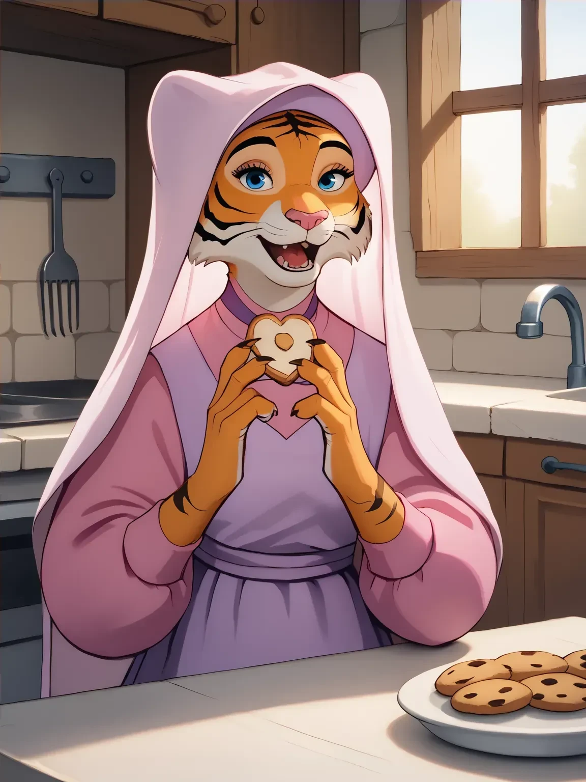 score_9, score_8_up, score_7_up, on model, detailed, realistic, tiger, female, blue eyes, pink nose, mature female, mature, looking at viewer, medieval, open mouth, talking, holding cookie,
BREAK, pink wimple, broochC, purple dressC, pink chemiseC, pink slippers, kitchen, window, morning sunlight, beautiful lighting, soft shading, soft lighting, upper body focus, closeup, face focus,
<lora:Marian6:0.8>,