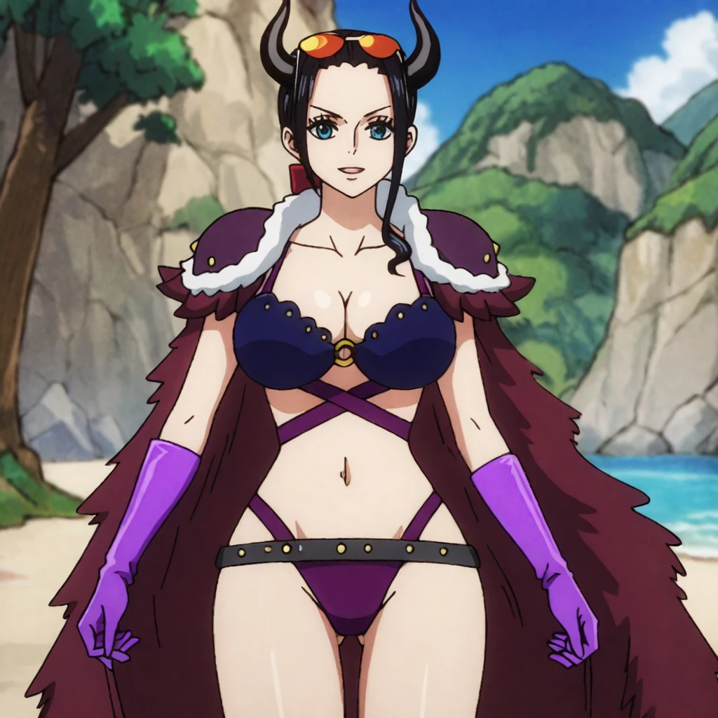 <lora:NicoRobinOnePiece_pony_v1:.75>NicoRobinMonster, 1girl, large breasts, black hair, purple gloves, cape, horns, navel, cleavage, eyewear on head, blue eyes, shoulder armor, stomach, sunglasses, collarbone, swimsuit, bikini armor, long hair, revealing clothes, pauldrons, o-ring, shoulder pads, cowboy shot