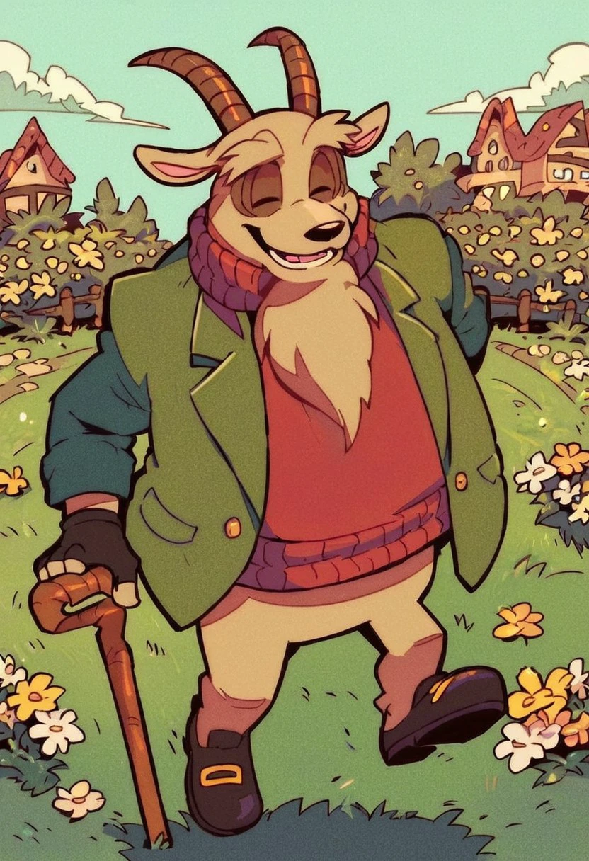 score_9, score_8_up, score_7_up, Elder Scruffy, male, solo, beard, green jacket, red sweater, cane, holding cane, fingerless gloves, shoes, goat ears, goat horns, village, flowers, happy, dynamic view