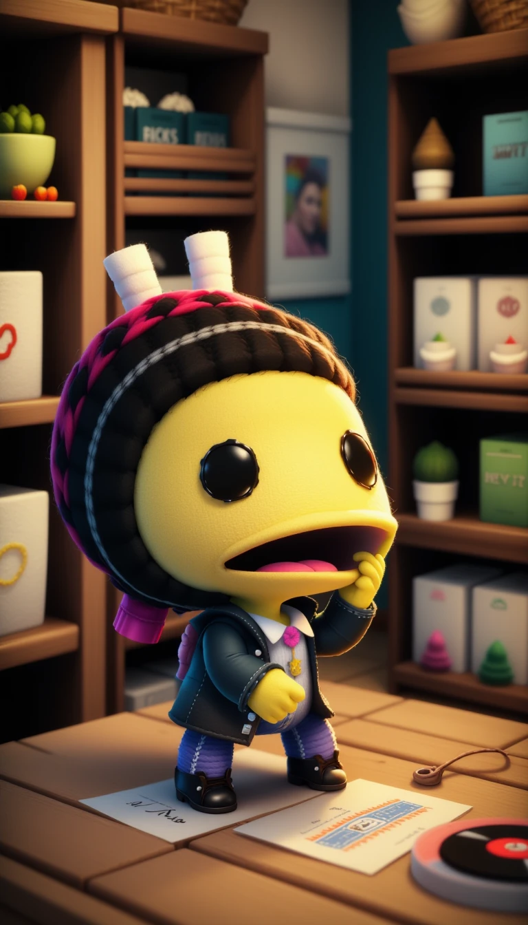 <lora:SackboyCharacterFlux:1> sackboy Marge Simpson from The Simpsons, open mouth expression, woven, stitches, stitching, in a pose: veil of illusion, hands covering face, concealing or revealing magic, in location 70s style quaint record café: a small café with bookshelves lined with vinyl records, where customers enjoy coffee and pastries while listening to music