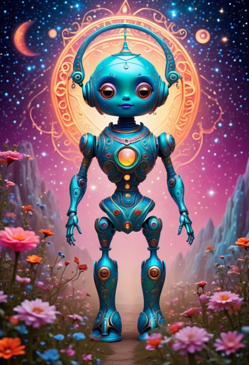 professional photography of an fantastical cute celestial astro beauty robot with whimsical elements, flowers and swirling magic, eerie fairytale landscape, elaborate fantasy style art, very colorful, intricate details, ultra sharp, exquisite detail, flawless composition, vivid colors, masterpiece, exciting background