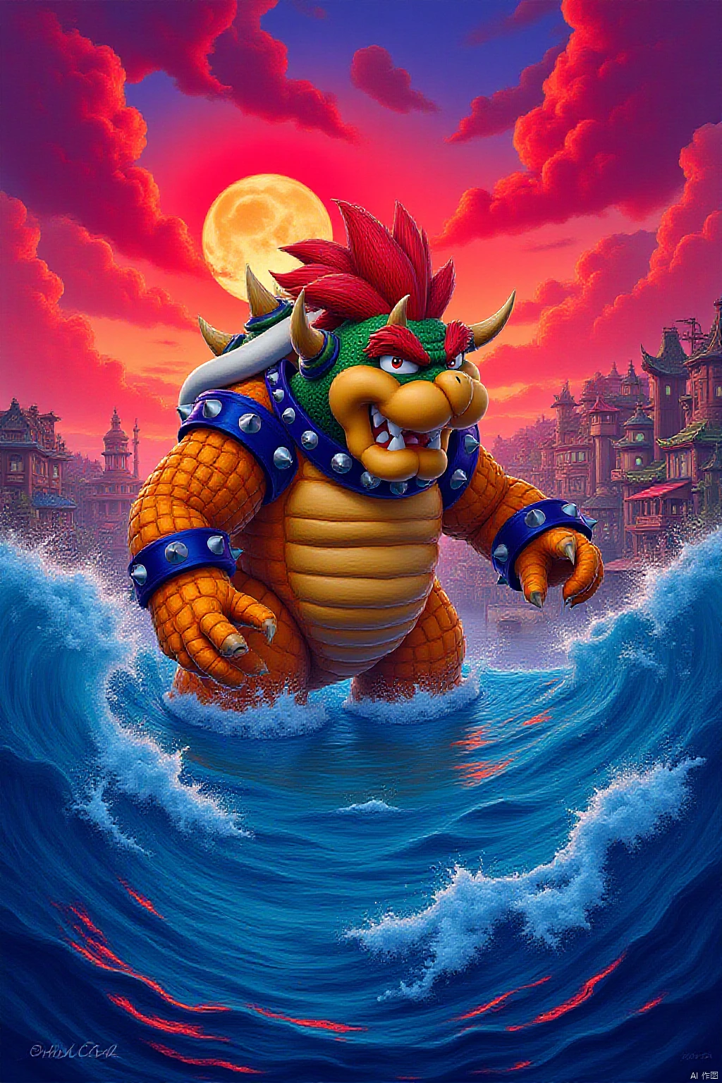 Giant Bowser standing in the sea, sunset on the beach town,huge blue waves,by Justin Gerard,psychedelic art,full of deep red colors and rich detail,vibrant and rich colors,waves,tropical undertones