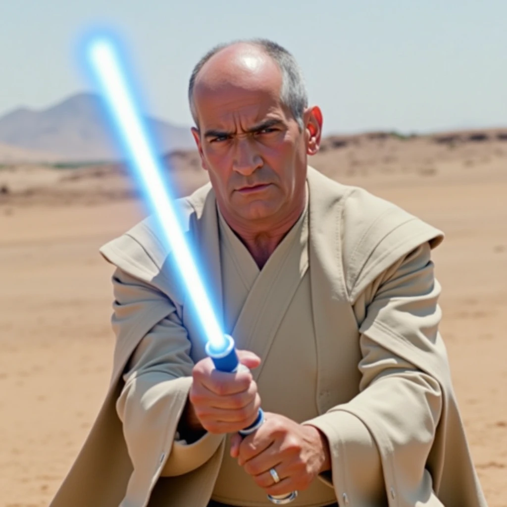 This is a still from a star wars movie featuring a 75 years LouDf man as a jedi master with a blue lightsaber in action position, facing camera with a serious face. The scene is on tatooine desert.