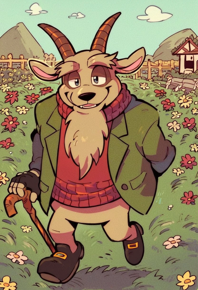 score_9, score_8_up, score_7_up, Elder Scruffy, male, solo, beard, green jacket, red sweater, cane, holding cane, fingerless gloves, shoes, goat ears, goat horns, village, flowers, happy, dynamic view