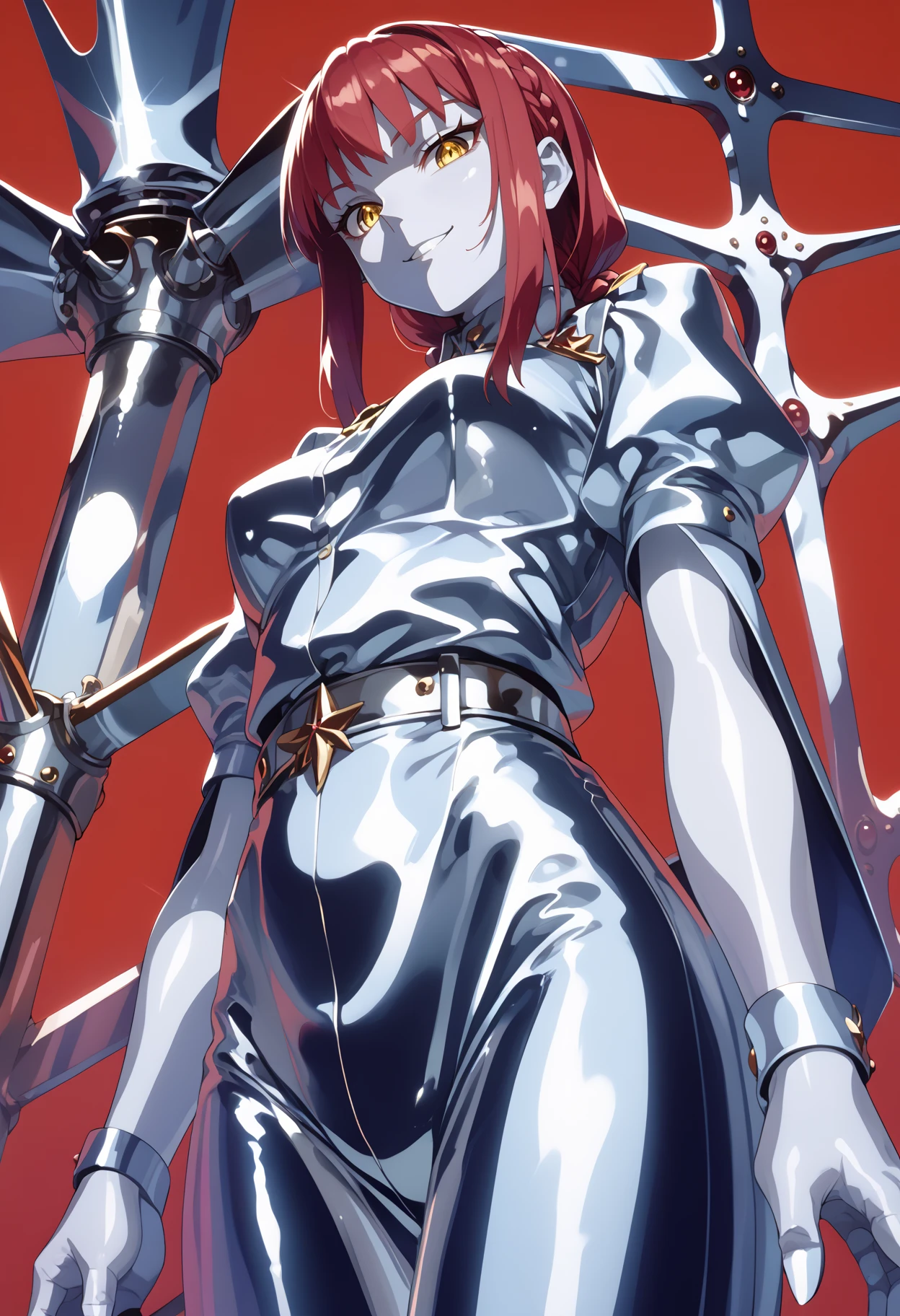 score_9, score_8_up, score_7_up, BREAK
chrome, shiny skin, chrome clothing, chrome skin,
1girl, makima, red hair, circled yellow eyes.
evil smile, view from below, looking at viewer, solo, red background  <lora:ChromeXLLocon:1>