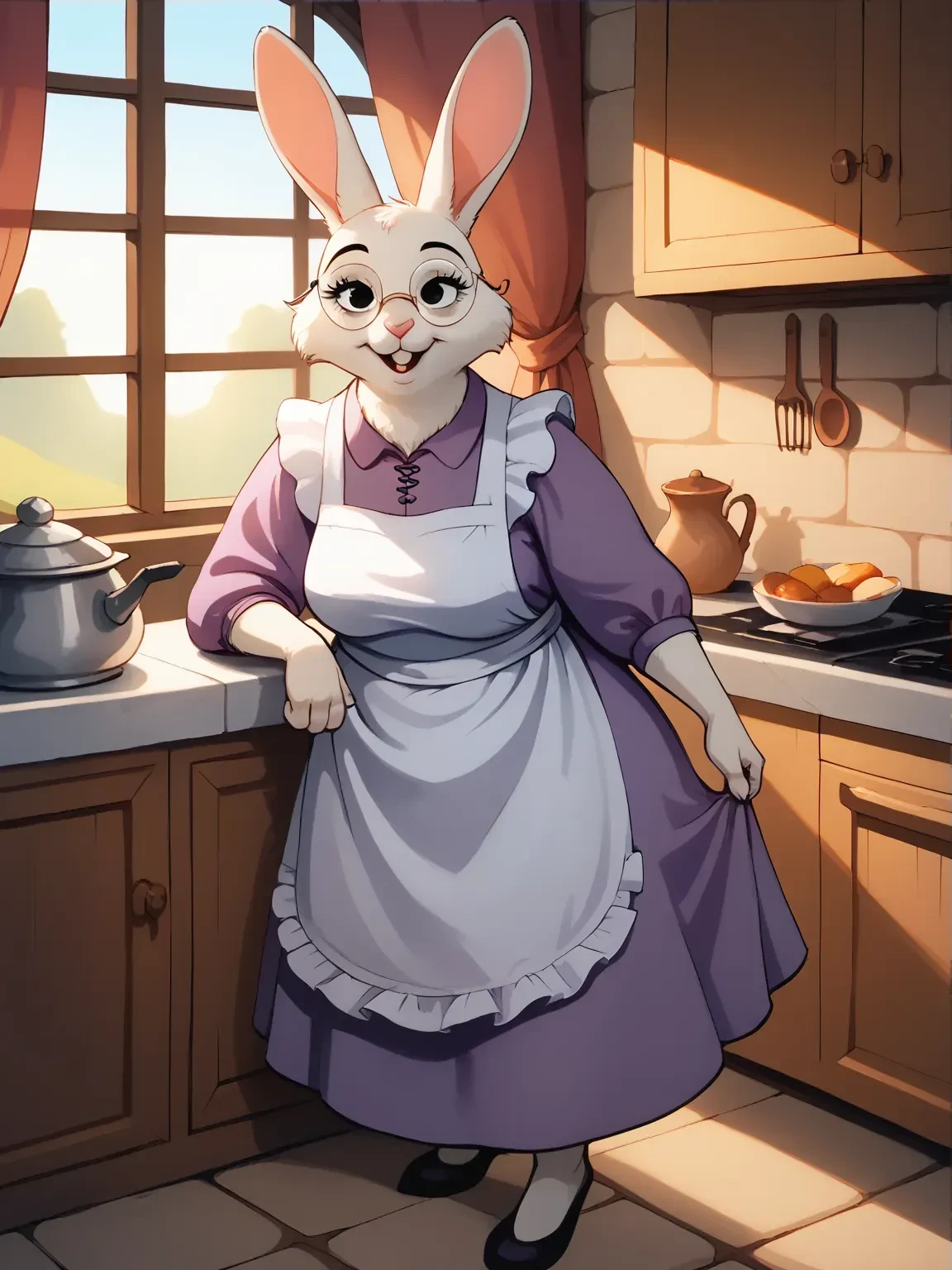 score_9, score_8_up, score_7_up, bunnymC, bunny, female, white fur, black eyes, pink nose, white ears, ears back, fat, mature female, mature, looking at viewer, medieval,
BREAK, purple dress, white apron, round glasses, kitchen, window, morning sunlight, beautiful lighting, soft shading, soft lighting,
<lora:Marian6:0.8>,