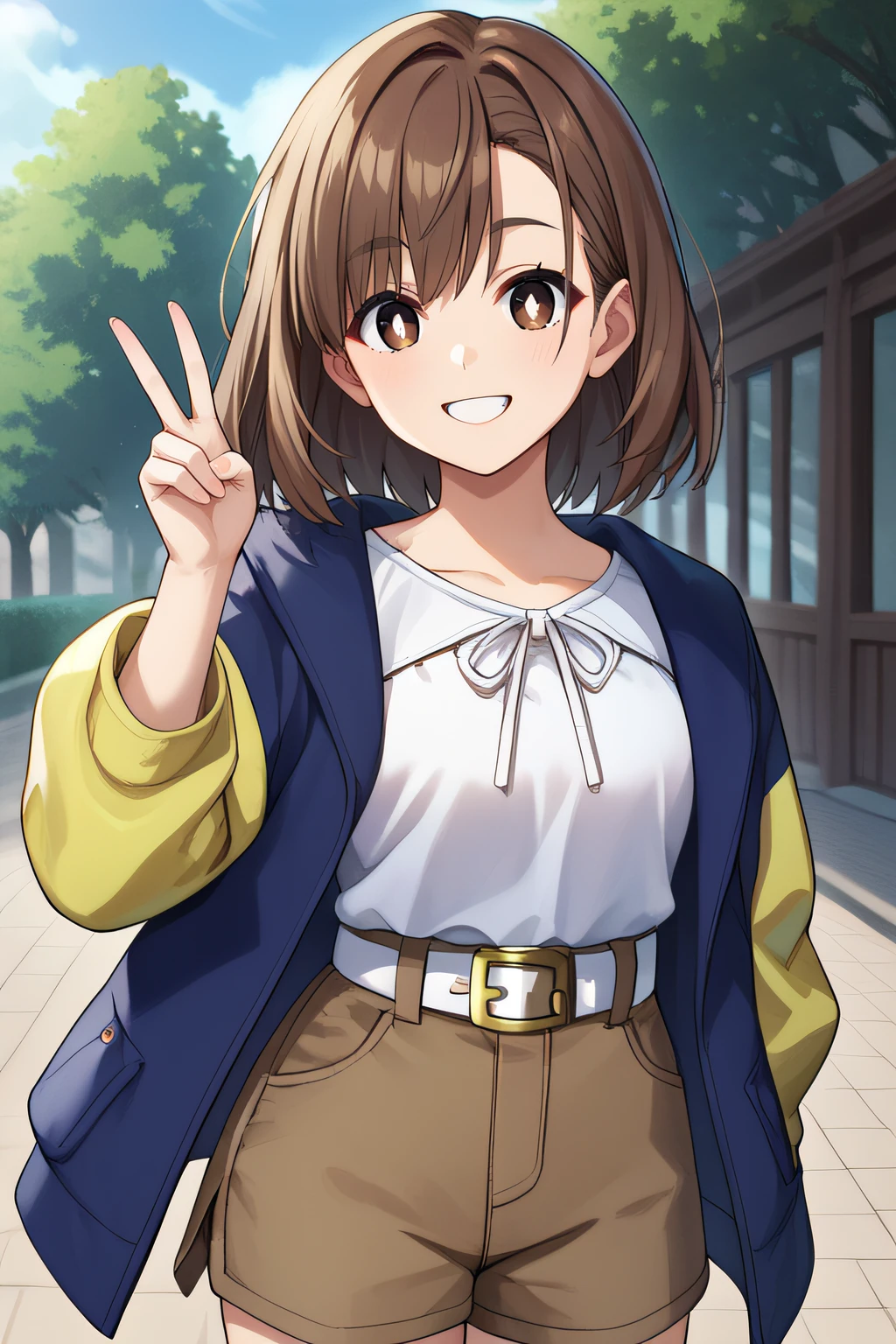 score_9, score_8_up, score_7_up, source_anime, rating_safe, intricate details, 1girl, <lora:Kinosaki_Arisa:1>, arisa, brown hair, medium hair, brown eyes, white pupils, blue jacket, yellow sleeves, white shirt, white belt, brown shorts, black leggins, smile, cowboy shot, looking at viewer, outdoor, peace sign