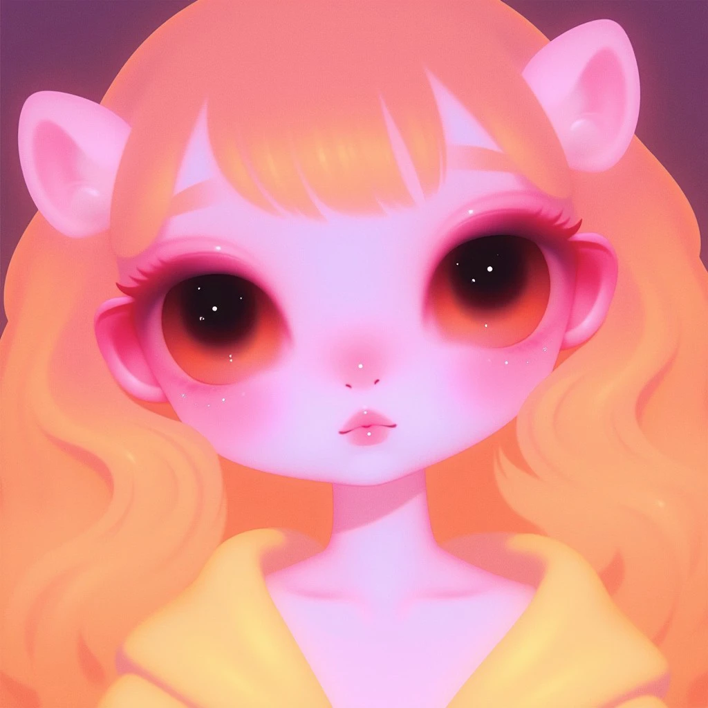 1girl, chibi style, dreamcore, soft lights, orange pink purple white colors, white skin, cute, kawaii, adorable, big eyes, very big eyes, small nose, small lips, above angle, translucent, pink hair, strawberry, melanin