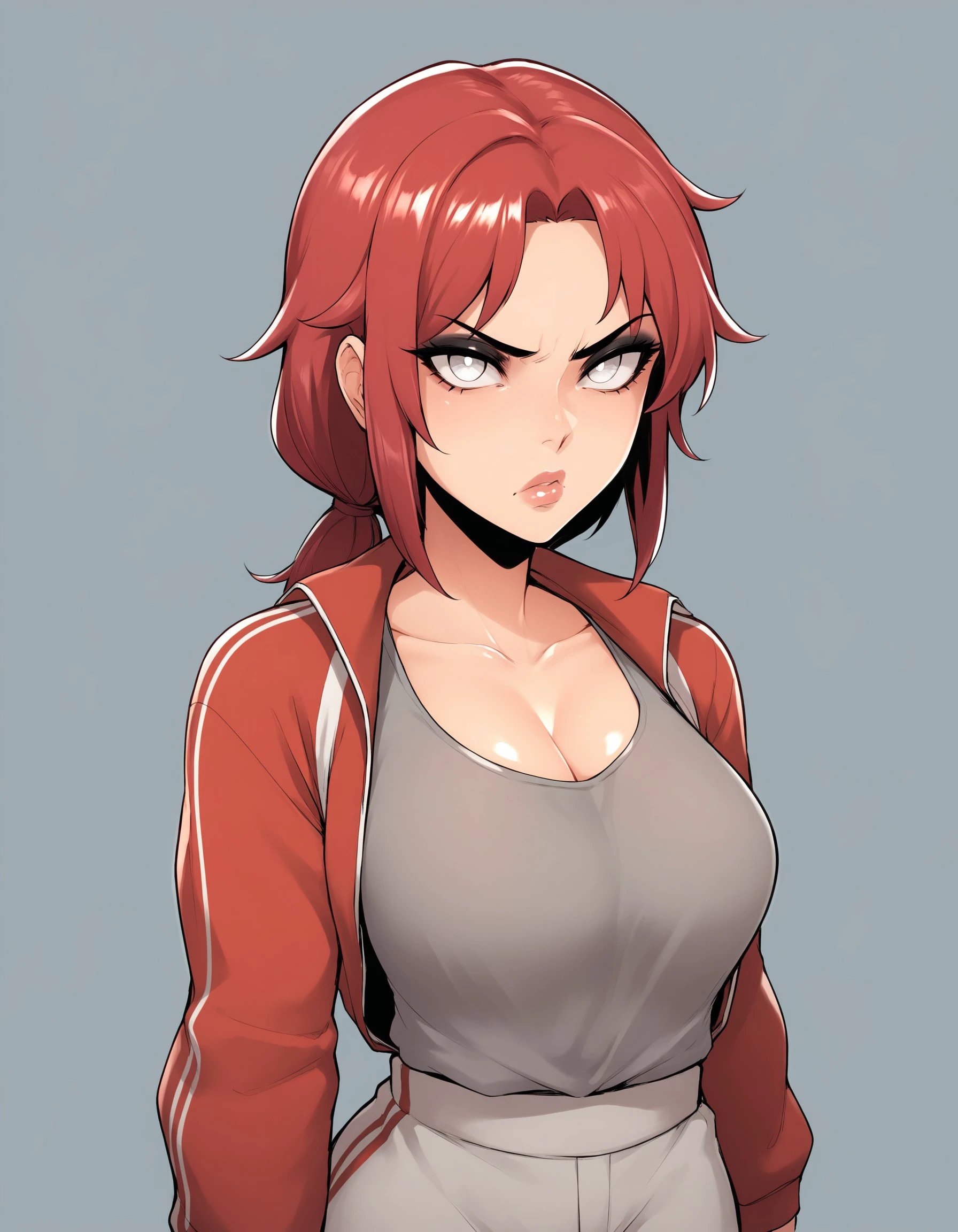 score_9, score_8_up, score_7_up, source_anime, portrait, 1girl,
petite greek woman standing in forest, (hourglass figure:1.05), (red hair:1.05), medium hair, (low ponytail:1.1), parted bangs, hair over shoulder, looking at viewer, annoyed, shiny skin, white eyes, perfect eyes, black eyeshadow, thick lips, medium breasts, narrow waist,
Grey shirt, loose shirt, silver track jacket, Open jacket, Grey pants
Simple background, , <lora:c69f4045-c917-41dd-9015-10b52c4eb0cc:0.8>