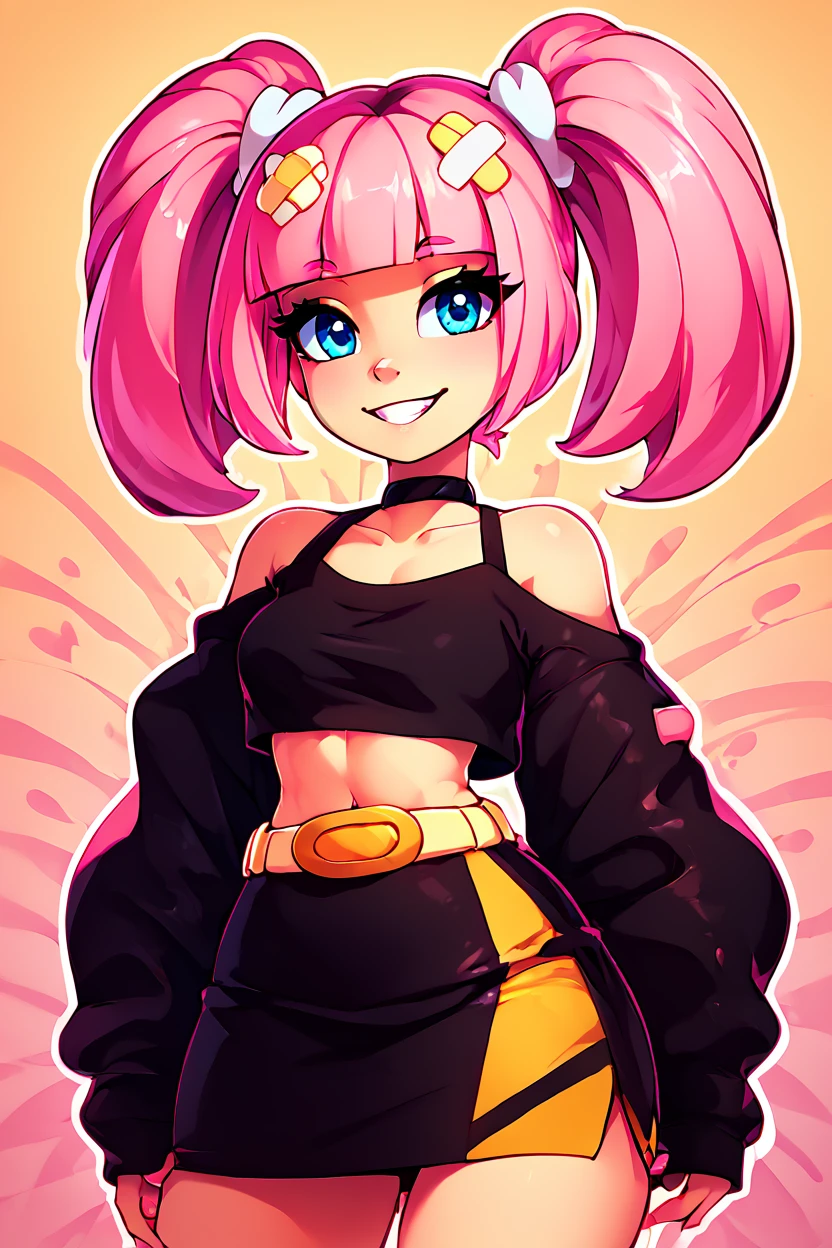 score_9, score_8_up, score_8, medium breasts, (curvy), cute, eyelashes,       BREAK, , zzCoral, pink hair, twintails, blunt bangs, hair ornament, belt, long sleeves, sleeves past fingers, black skirt, black choker, black crop top, bare shoulders, yellow belt, bandaid, midriff, collarbone, <lora:Coral_Pokemon_PDXL:0.8>, , BREAK, smile, looking at viewer,  abstract background, white outline, cowboy shot, embedding:zPDXL, Expressiveh, <lora:theOtherHalfPDXL:0.8>,  <lora:CatalystStylePDXL:0.6>,  <lora:SDXLFaeTastic2400:0.5>,  <lora:Expressive_H-000001:0.4>,