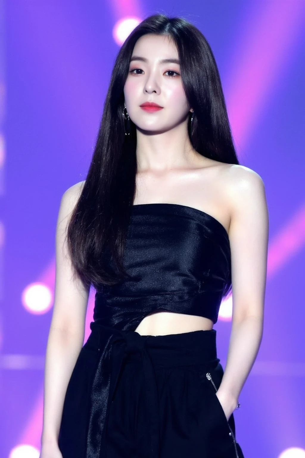 The image shows a young korean woman singing on stage. She has long, dark hair and is wearing a fitted, strapless black top that is stylish and elegant. The top features a shimmering or satin-like fabric that catches the light, and it has an asymmetrical design with some draping. She is also wearing high-waisted black pants with lace-up details on the side. Her makeup is polished, with a subtle emphasis on her eyes and lips. There is a  (headset microphone) attached to her face. The background is a soft, blurred purple with lights, adding to the stage ambiance, <lora:flux_realism_lora:1>, <lora:makinaflux_irene_v1.0:1>