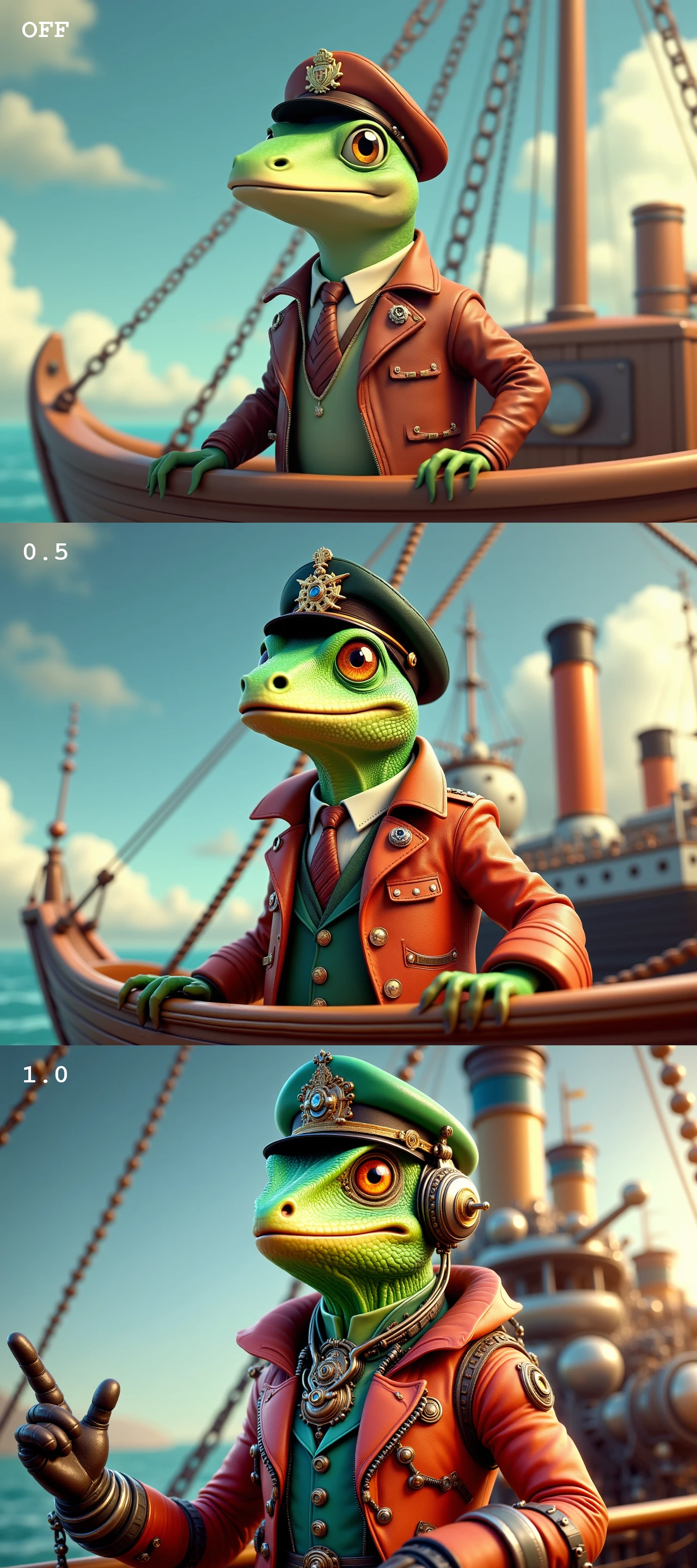 a lizard aviator wearing captain's regalia uniform on a steamship, rubberhose animation style, pastel colors