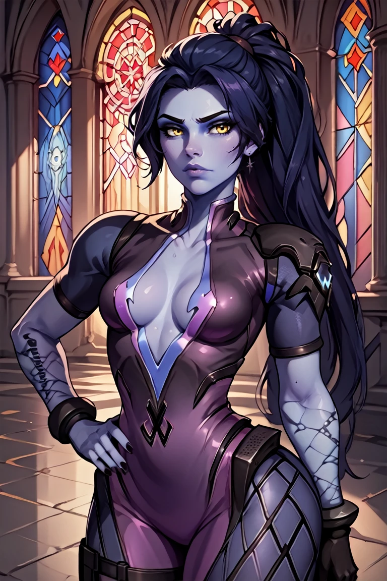 score_9, score_8_up, score_7_up, score_6_up, score_5_up, score_4_up
<lora:OWidowM:1.0>
OWidowM, 1girl, black hair, ponytail, colored skin, purple skin, yellow eyes, looking at viewer, mysterious gaze, standing, one hand on hip, gothic cathedral, stained glass windows, twilight