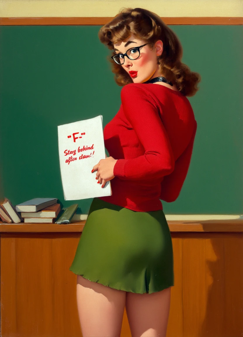 A realistic, high-resolution painting by Gil Elvgren. The image is of a female teacher standing in a class room. She is looking over her shoulder at the viewer. She is wearing a tight red sweater, a green skirt, a black choker around her neck and round-rim glasses. She has brown, medium length hair tied back. She is looking over her shoulder at the viewer. She is holding a white paper that has the red text "F- Stay behind after class!". The shot is from behind. The background features a large chalkboard above a wooden panelled wall and a few scattered books, adding to the classroom setting. The lighting is warm and casts soft shadows, enhancing the retro atmosphere. The overall color palette is warm with earthy tones, creating a nostalgic and playful mood. The textures are smooth and polished, typical of traditional pin-up art.