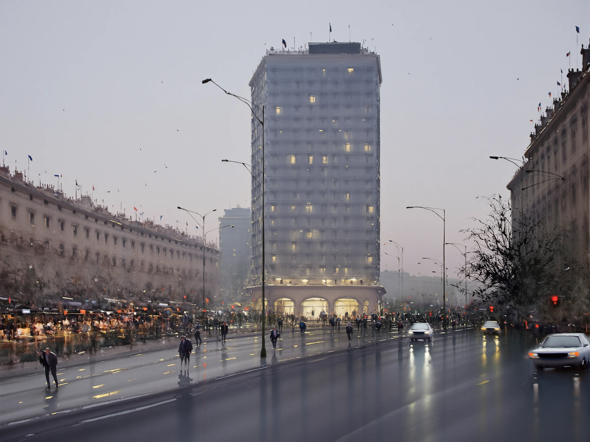 modern 10-story office building with ultra-modern facade architecture, located on a busy street in an Italian city. The scene is captured from the perspective of a person standing on the street, slightly angled towards the building, allowing a full view of its sleek glass and steel facade that towers above. The building is positioned slightly off-center to the left, creating a dynamic tension in the composition. To the right of the office building, a row of old Italian houses with terracotta roofs and intricate balconies adds a striking contrast to the modern structure. These classical houses are closely clustered together, guiding the viewer's eye from the contemporary office building towards the historical architecture, symbolizing the blend of old and new. The street on the left side of the frame widens into a large pedestrian area, where small groups of people walk under umbrellas. A few cars drive by on the wet asphalt, their headlights reflecting off the ground, while small trees line the sidewalk, interspersed with outdoor seating for cafes and restaurants. The overcast sky is mirrored in the wet pavement, with light, transparent, soft muted colors dominating the scene, only broken by the warm glow emanating from the office building's windows, adding a touch of warmth to the otherwise cool color palette.