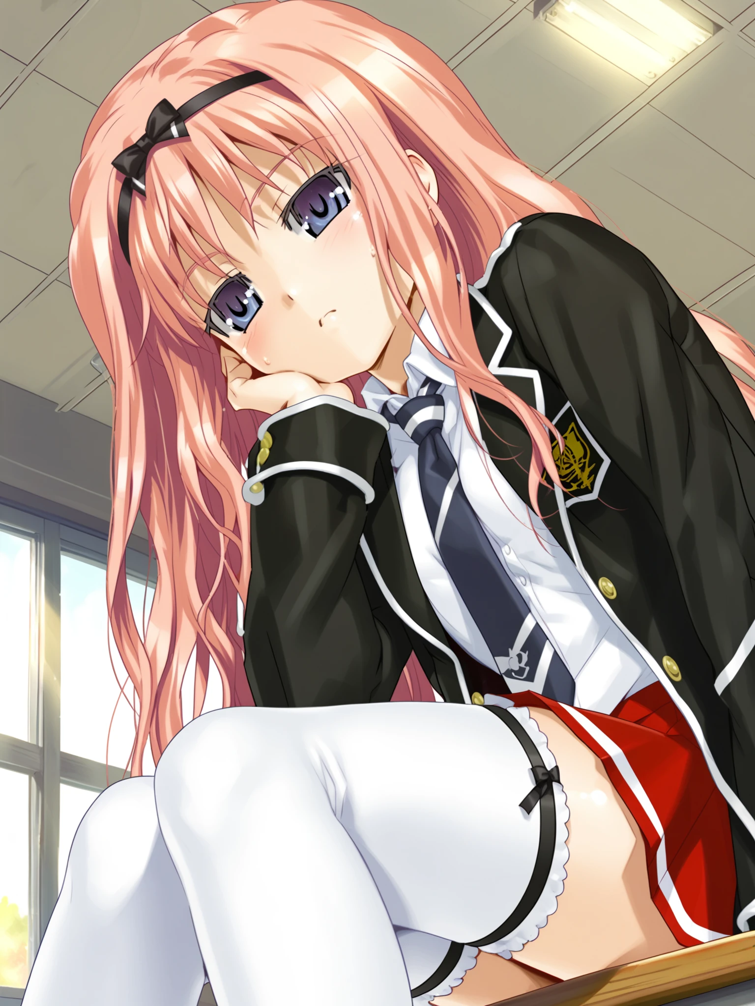 best quality,expressive eyes, perfect face, looking at viewer, 1girl,portrait only, long hair,pink hair, pink eyes, inner circle in eyes, two strands parted,partially exposed forehead,white uniform tuxedo,popped collar,black undervest,cleavage,white mini skirt,white stockings,white heels,seductive face,smile,complex, dramatic lighting, rim lighting,indoors, classic interior, library, fireplace, sunset