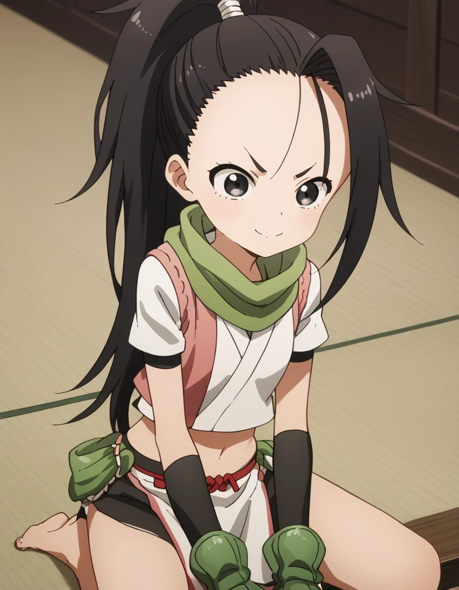 Tsubaki, long hair, black hair, gloves, ponytail, short sleeves, midriff, fingerless gloves, scarf, black eyes, v-shaped eyebrows, forehead score_9, score_8_up, score_7_up, score_6_up, score_5_up, score_4_up, source_anime ,<lora:HeartofKunoichiTsubaki:1>, Smile, sitting,