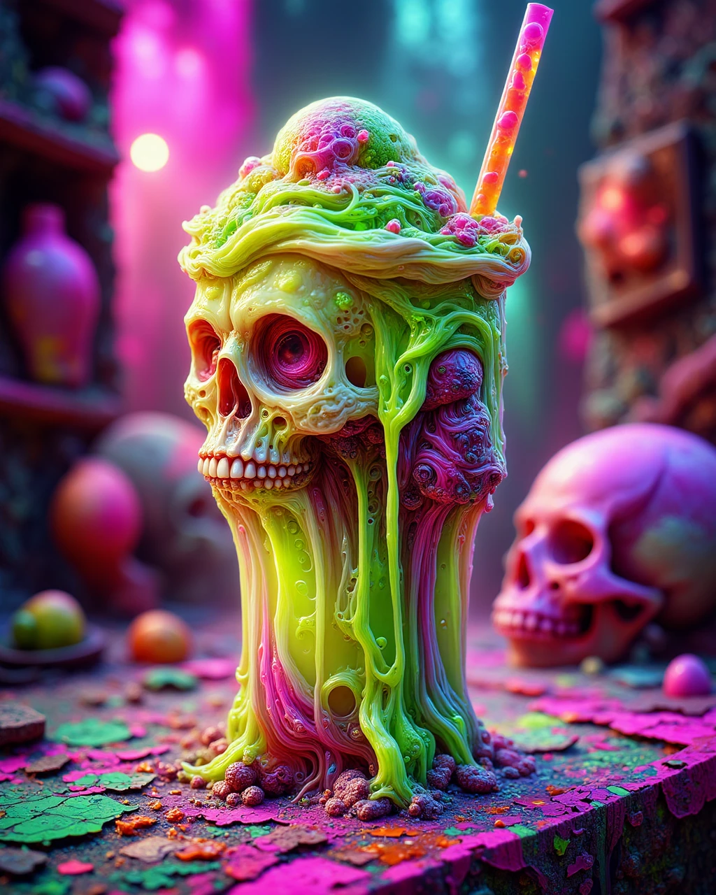 a radioactive ooze milkshake, delicious yet deadly, a subtle skull hidden in the background