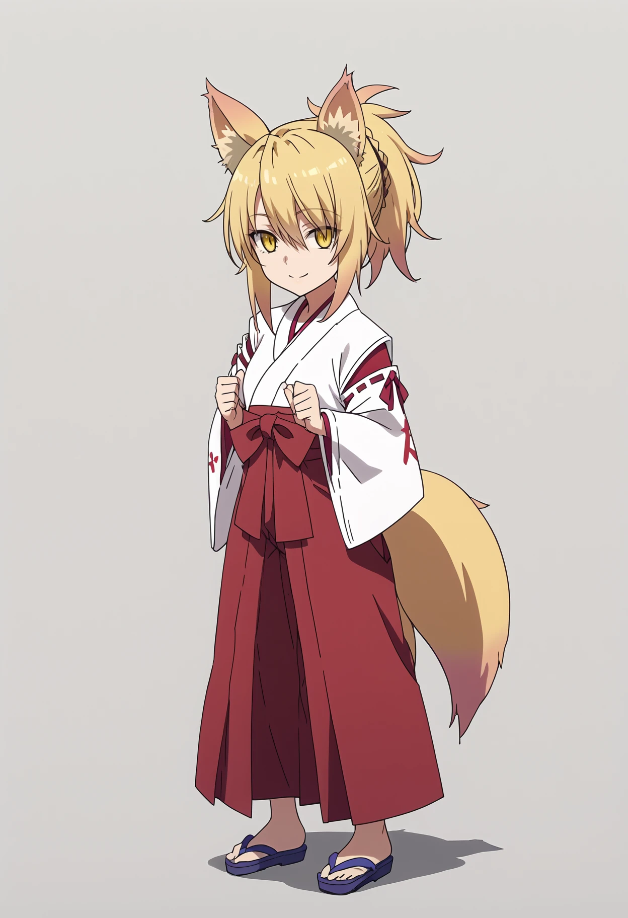 score_9, score_8_up, score_7_up, anime screencap, BREAK
1girl, kunou, blonde hair, short hair, ponytail, yellow eyes,
fox ears, multiple fox tails,
red hakama, japanese clothes, miko, sandals
full body, standing, smile, looking at viewer, solo, simple background, white background   <lora:KunouXL_byKonan:1>