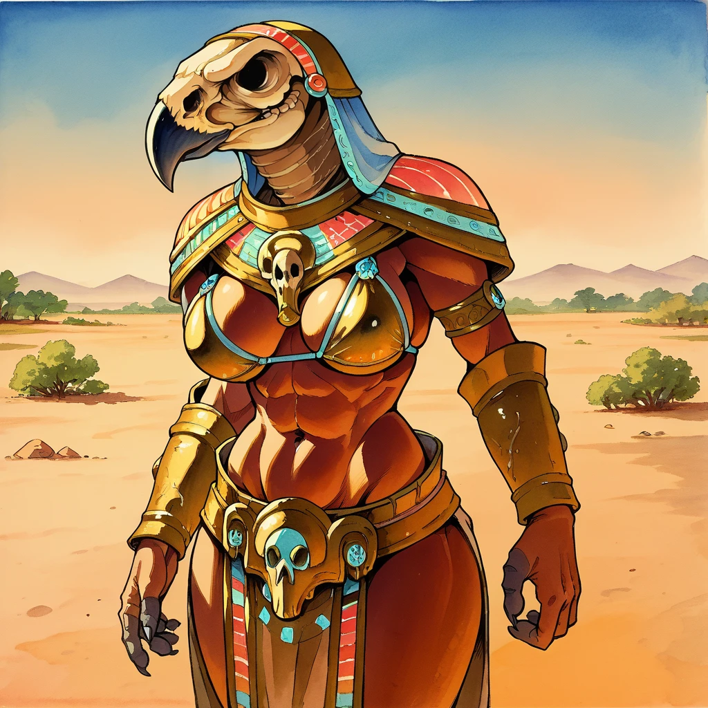 score_9, score_8_up, score_7_up, watercolor, traditional media, 2d, desert,
Ushabti, solo, beak, skull, no eyes, curvy, bikini armor, skindentation, wide hips,
<lora:Ushabti_PonyXL:0.8>