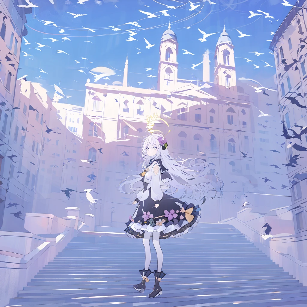 1girl,azusa \(blue archive\), animal, , bird, bird on hand, bird on head, black footwear, blue sky, boots, building, cloud, crow, day, dove, dress, eyebrows visible through hair, flock, flower, hair flower, hair ornament, long hair, long sleeves, on head, outdoors, pigeon, seagull, sky, sleeves past wrists, solo, stairs, standing, very long hair, white butterfly, white feathers, white hair, wide sleeves,    <lora:natural harmony-v1:1>